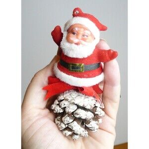 Dancing Santa Claus on Pine Cone Christmas Ornament Red Flocked Blow Mold VTG